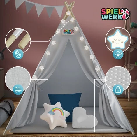 Spielwerk Children's Teepee Tent Fairy Lights Kid's 2.5cm Floor Play Mat 3 Pillows Cotton Carry Bag Tipi Playhouse Indoor 120x120x160cm Wigwam Blue 7 Spielwerk Children's Teepee Tent Fairy Lights Kid's 2.5cm Floor Play Mat 3 Pillows Cotton Carry Bag Tipi Playhouse Indoor 120x120x160cm Wigwam Blue - Image 5