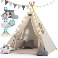 Spielwerk Children's Teepee Tent Fairy Lights Kid's 2.5cm Floor Play Mat 3 Pillows Cotton Carry Bag Tipi Playhouse Indoor 120x120x160cm Wigwam White
