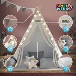 Spielwerk Children's Teepee Tent Fairy Lights Kid's 2.5cm Floor Play Mat 3 Pillows Cotton Carry Bag Tipi Playhouse Indoor 120x120x160cm Wigwam White -Children Furniture Store 79598955 3