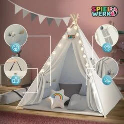 Spielwerk Children's Teepee Tent Fairy Lights Kid's 2.5cm Floor Play Mat 3 Pillows Cotton Carry Bag Tipi Playhouse Indoor 120x120x160cm Wigwam White -Children Furniture Store 79598955 4