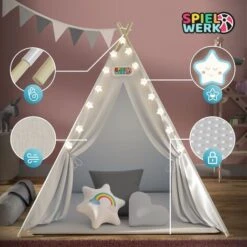 Spielwerk Children's Teepee Tent Fairy Lights Kid's 2.5cm Floor Play Mat 3 Pillows Cotton Carry Bag Tipi Playhouse Indoor 120x120x160cm Wigwam White -Children Furniture Store 79598955 5