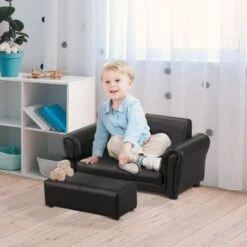 HOMCOM 2 Seater Toddler Chair Kids Twin Sofa Double Seat Armchair W/ Footstool Black 9 HOMCOM 2 Seater Toddler Chair Kids Twin Sofa Double Seat Armchair W/ Footstool Black -Children Furniture Store 8000844 3