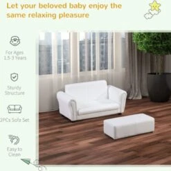 HOMCOM 2 Seater Toddler Chair Kids Twin Sofa Double Seat Armchair W/ Footstool White -Children Furniture Store 8000881 5