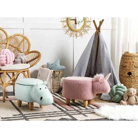 Modern Faux Leather Stool Light Blue Upholstery Storage Solid Wood Animal Hippo 4 Modern Faux Leather Stool Light Blue Upholstery Storage Solid Wood Animal Hippo - Image 2