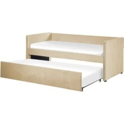 Trundle Bed Beige Glam Velvet Upholstery Slats EU Single Troyes