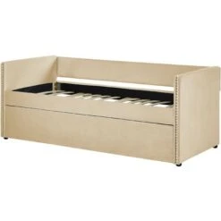 Trundle Bed Beige Glam Velvet Upholstery Slats EU Single Troyes -Children Furniture Store 80379801 5