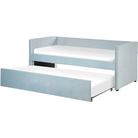 Trundle Bed Light Blue Glam Velvet Upholstery Slats EU Single Troyes 3 Trundle Bed Light Blue Glam Velvet Upholstery Slats EU Single Troyes