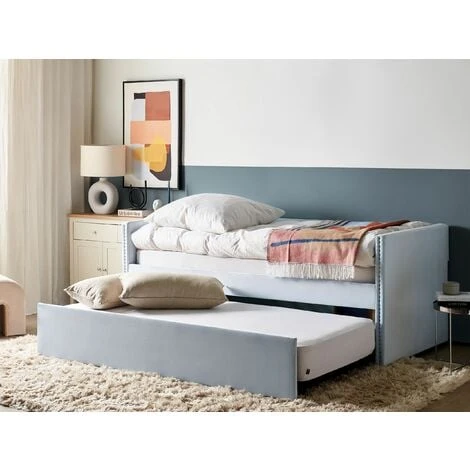 Trundle Bed Light Blue Glam Velvet Upholstery Slats EU Single Troyes 4 Trundle Bed Light Blue Glam Velvet Upholstery Slats EU Single Troyes - Image 2