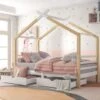 3 FT Single Bed Frame Kid House Bed With Storage Two Drawers Tree House Solid Pine Wood 90x190 Cm White And Natural -Children Furniture Store 81178102 1