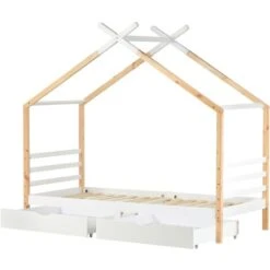 3 FT Single Bed Frame Kid House Bed With Storage Two Drawers Tree House Solid Pine Wood 90x190 Cm White And Natural 9 3 FT Single Bed Frame Kid House Bed With Storage Two Drawers Tree House Solid Pine Wood 90x190 Cm White And Natural -Children Furniture Store 81178102 3