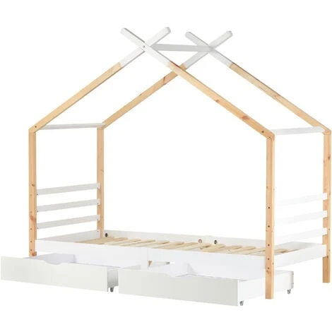 3 FT Single Bed Frame Kid House Bed With Storage Two Drawers Tree House Solid Pine Wood 90x190 Cm White And Natural 5 3 FT Single Bed Frame Kid House Bed With Storage Two Drawers Tree House Solid Pine Wood 90x190 Cm White And Natural - Image 3