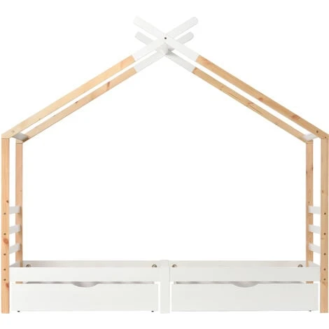 3 FT Single Bed Frame Kid House Bed With Storage Two Drawers Tree House Solid Pine Wood 90x190 Cm White And Natural 6 3 FT Single Bed Frame Kid House Bed With Storage Two Drawers Tree House Solid Pine Wood 90x190 Cm White And Natural - Image 4
