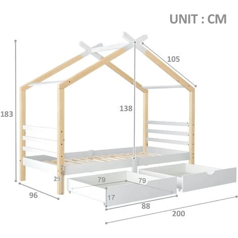 3 FT Single Bed Frame Kid House Bed With Storage Two Drawers Tree House Solid Pine Wood 90x190 Cm White And Natural 7 3 FT Single Bed Frame Kid House Bed With Storage Two Drawers Tree House Solid Pine Wood 90x190 Cm White And Natural - Image 5