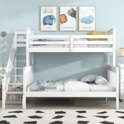Triple Bunk Bed, Three Sleeper, 3FT Single, 4FT6 Double, Solid Pine Wood Frame, With Side Ladder, Kids Children, White (90x190cm, 135x190cm)