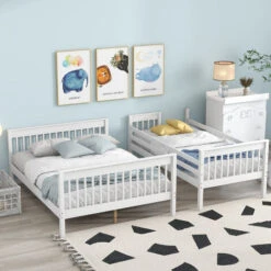 Triple Bunk Bed, Three Sleeper, 3FT Single, 4FT6 Double, Solid Pine Wood Frame, With Side Ladder, Kids Children, White (90x190cm, 135x190cm) -Children Furniture Store 81231208 4