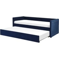 Corduroy Fabric EU Single Trundle Bed Frame Nailhead Trim 3ft Navy Blue Mimizan -Children Furniture Store 85748305 4