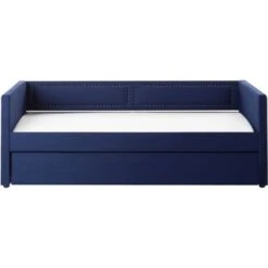 Corduroy Fabric EU Single Trundle Bed Frame Nailhead Trim 3ft Navy Blue Mimizan -Children Furniture Store 85748305 5