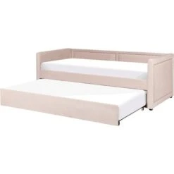 Modern Fabric EU Single Trundle Bed Frame Nailhead Trim 3ft Pink Mimizan -Children Furniture Store 85748307 4