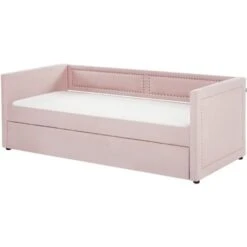 Modern Fabric EU Single Trundle Bed Frame Nailhead Trim 3ft Pink Mimizan -Children Furniture Store 85748307 5