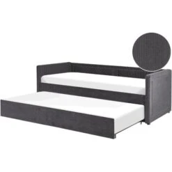 Modern Corduroy EU Single Trundle Bed Frame Nailhead Trim 3ft Dark Grey Mimizan