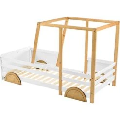 Children Car Bed Frame Children's Bed With Wheels Jeep Bed Pine Frame, White + Natural, 90x190cm -Children Furniture Store 88701341 3