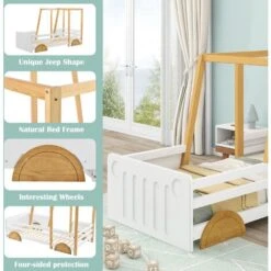 Children Car Bed Frame Children's Bed With Wheels Jeep Bed Pine Frame, White + Natural, 90x190cm -Children Furniture Store 88701341 4