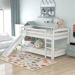 Single Bunk Bed With Convertible Slide And Ladder,White 9 Single Bunk Bed With Convertible Slide And Ladder,White -Children Furniture Store 90520461 3