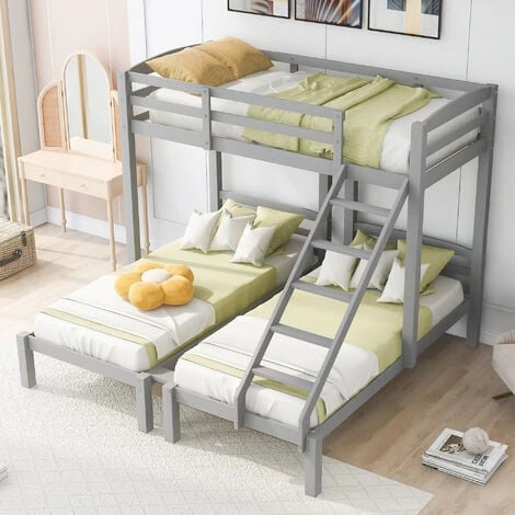 Bunk Bed Triple Sleeper With Side Ladder For Children And Teens, 90x190cm,90x200cm, Grey 3 Bunk Bed Triple Sleeper With Side Ladder For Children And Teens, 90x190cm,90x200cm, Grey