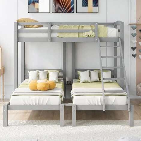Bunk Bed Triple Sleeper With Side Ladder For Children And Teens, 90x190cm,90x200cm, Grey 4 Bunk Bed Triple Sleeper With Side Ladder For Children And Teens, 90x190cm,90x200cm, Grey - Image 2