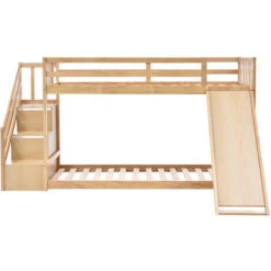 Bunk Bed With Slide, Stairs And Storage, 3ft Children Bed 2 Drawers In The Steps, Solid Pine Wood Frame, Natural -Children Furniture Store 91310520 3
