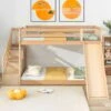 Bunk Bed With Stairs And Slide, Solid Pine Wood Frame, Children Bed With Drawers In The Steps,90x190cm, Natural 1 Bunk Bed With Stairs And Slide, Solid Pine Wood Frame, Children Bed With Drawers In The Steps,90x190cm, Natural -Children Furniture Store 91340170 1