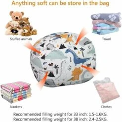 Kids Stuffed Animal Storage Bean Bag Chair Cover, Canvas Stripe Kids Toy Organizer Zipper Pouf (Dinosaur, 38) -Children Furniture Store 91891493 4