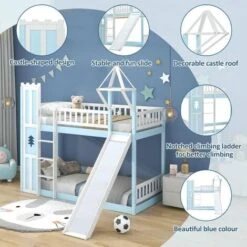 Bunk Bed With Slide, 3ft Children's Bed, House Bed, Solid Pine Wood Frame, Blue (90x190cm) -Children Furniture Store 93373665 4