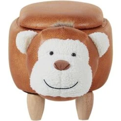 Modern Faux Leather Stool Distressed Solid Wood Animal Brown Monkey -Children Furniture Store 93990087 4