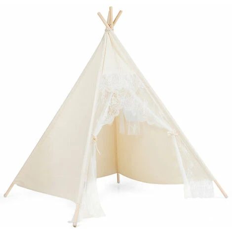 Kids Lace Teepee Tent Foldable Children Play Tent W/ 4 Wooden Poles 3 Kids Lace Teepee Tent Foldable Children Play Tent W/ 4 Wooden Poles
