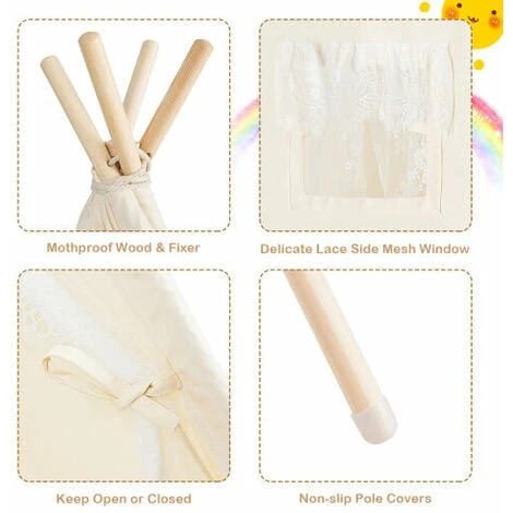 Kids Lace Teepee Tent Foldable Children Play Tent W/ 4 Wooden Poles 4 Kids Lace Teepee Tent Foldable Children Play Tent W/ 4 Wooden Poles - Image 2