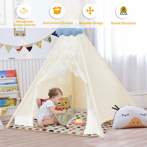 Kids Lace Teepee Tent Foldable Children Play Tent W/ 4 Wooden Poles 5 Kids Lace Teepee Tent Foldable Children Play Tent W/ 4 Wooden Poles - Image 3