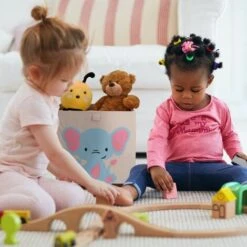 Relaxdays Toy Box, Children, Elephant Symbol, HxWxD: 33 X 33 X 33 Cm, Clothes, Tidy, Foldup, Storage, Chest, Beige/Blue -Children Furniture Store 96742873 3