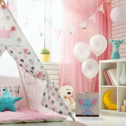 Relaxdays Toy Box, Children, Elephant Symbol, HxWxD: 33 X 33 X 33 Cm, Clothes, Tidy, Foldup, Storage, Chest, Beige/Blue -Children Furniture Store 96742873 5