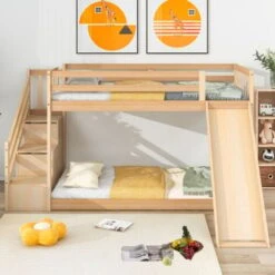 Children's Cabin Bed Frame With Slide & Ladder, Bunk Bed For Kids With Ladder And Slide (Natural, 190x90cm)