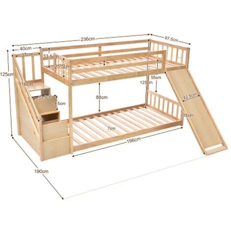 Children's Cabin Bed Frame With Slide & Ladder, Bunk Bed For Kids With Ladder And Slide (Natural, 190x90cm) 7 Children's Cabin Bed Frame With Slide & Ladder, Bunk Bed For Kids With Ladder And Slide (Natural, 190x90cm) - Image 5
