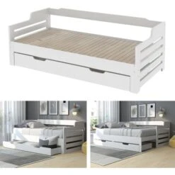 Single KIds Bed, Trundle And Drawer, Cabin Bed, SIngle Guest Bed Sofa Bed, Pull Out Trundle And Storage Drawer For Living Room And Bedroom - (3') 90 X190 Cm - White -Children Furniture Store 98639067 3