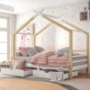Single Bed Frame Kid House Bed With Storage Two Drawers Tree House Solid Pine Wood 90x190 Cm White And Natural,3TF 1 Single Bed Frame Kid House Bed With Storage Two Drawers Tree House Solid Pine Wood 90x190 Cm White And Natural,3TF -Children Furniture Store 98639107 1