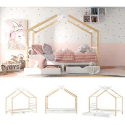 Single Bed Frame Kid House Bed With Storage Two Drawers Tree House Solid Pine Wood 90x190 Cm White And Natural,3TF -Children Furniture Store 98639107 3