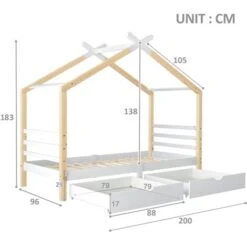 Single Bed Frame Kid House Bed With Storage Two Drawers Tree House Solid Pine Wood 90x190 Cm White And Natural,3TF -Children Furniture Store 98639107 5